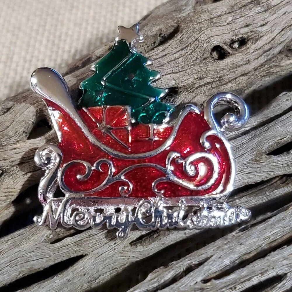 Christmas Santa Sleigh Tree Red Green Silver Enamel Sweater Pin Brooch